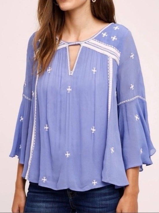 Floreat Tops - Anthropologie Floreat Adena Blue Embroidered Boho Peasant Blouse Size 0